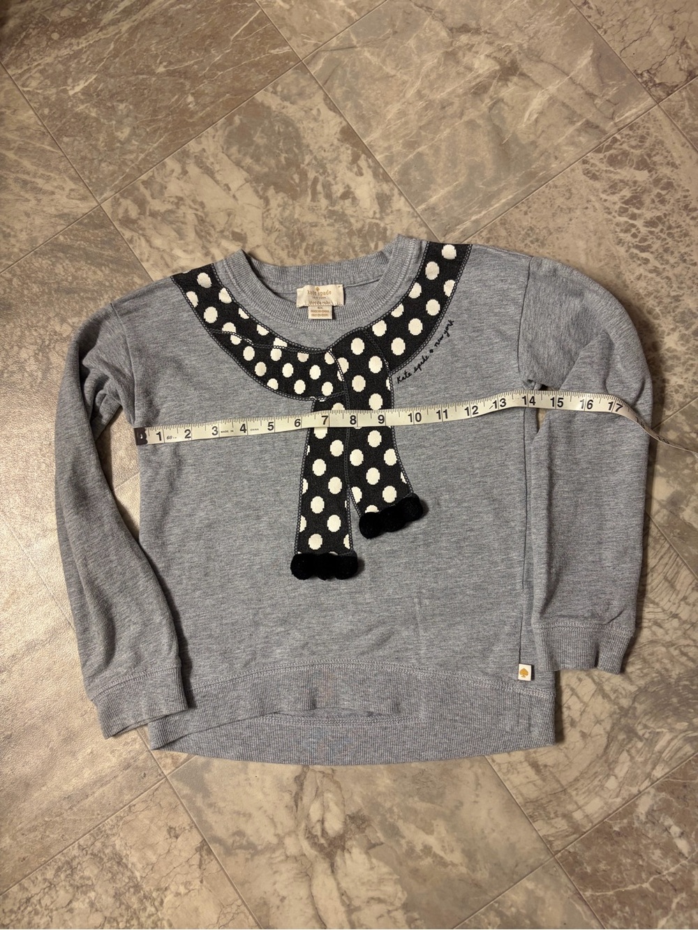 kate spade Gray Sweatshirt with Black & White Polka Dot Scarf Appliqué